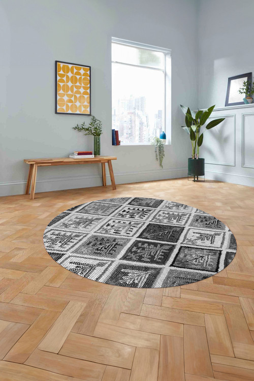 Baskılı Patchwork Etnik Yıkanabilir Kaymaz Taban Yuvarlak Mutfak Salon Halısı