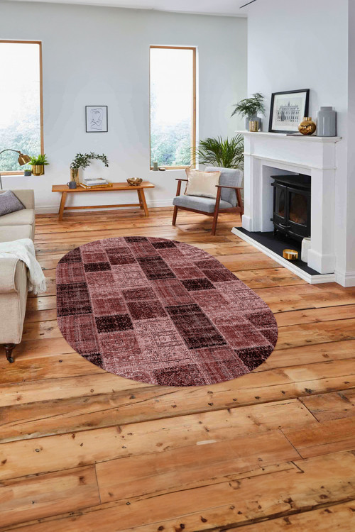 Baskılı Patchwork Sade Modern Yıkanabilir Kaymaz Oval Yolluk Mutfak Salon Halısı