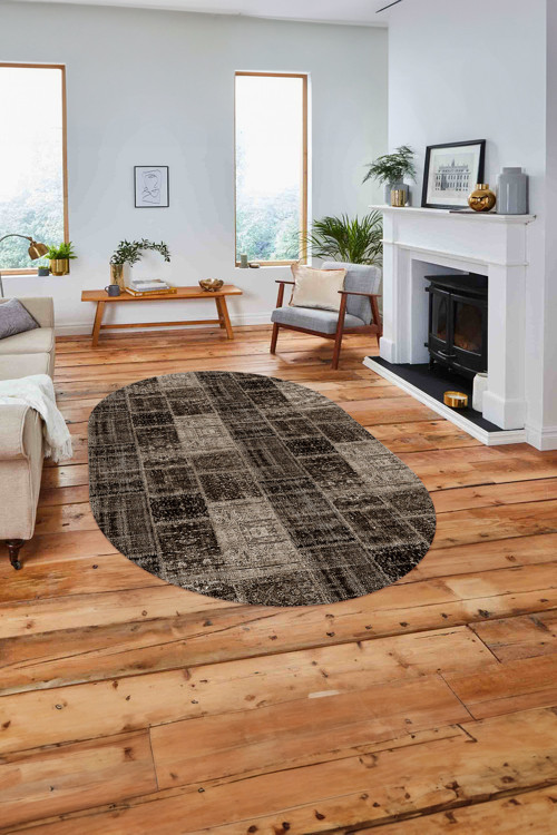Baskılı Patchwork Sade Modern Yıkanabilir Kaymaz Oval Yolluk Mutfak Salon Halısı