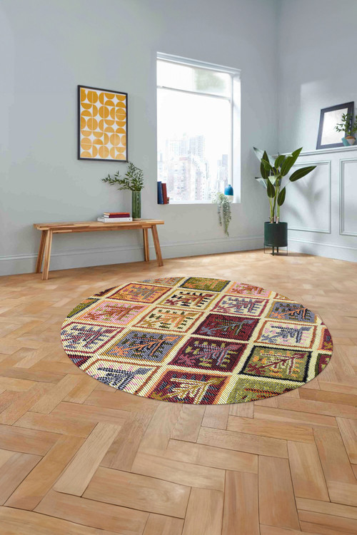 Baskılı Patchwork Etnik Yıkanabilir Kaymaz Taban Yuvarlak Mutfak Salon Halısı