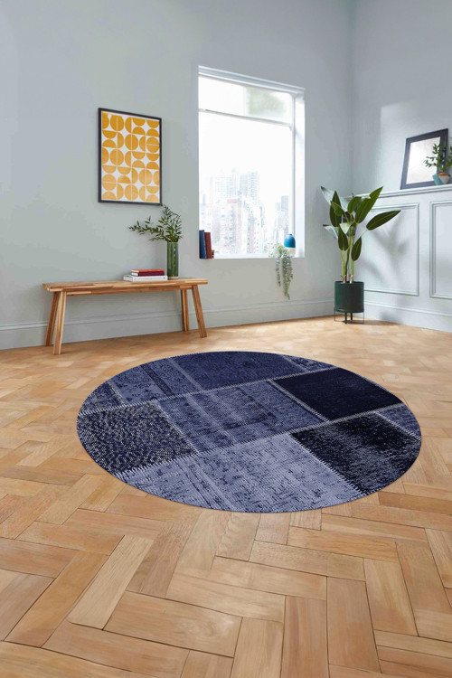 Baskılı Patchwork Etnik Görünüm Yıkanabilir Kaymaz Taban Yuvarlak Salon Halısı