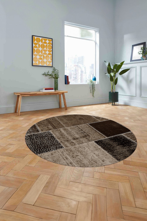 Baskılı Patchwork Etnik Görünümlü Yıkanabilir Kaymaz Taban Yuvarlak Salon Halısı