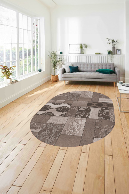 Baskılı Patchwork Çiçek Motifli Yıkanabilir Kaymaz Oval Yolluk Mutfak Salon Halısı