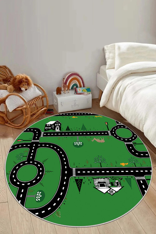 Baskılı Otomobil Yol Desenli Yıkanabilir Taban Yuvarlak Çocuk Odası Halısı