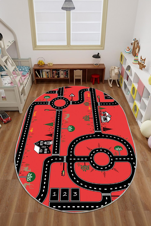 Dijital Baskılı Otomobil Yol Desenli Yıkanabilir Kaymaz Taban Oval Çocuk Odası Halısı