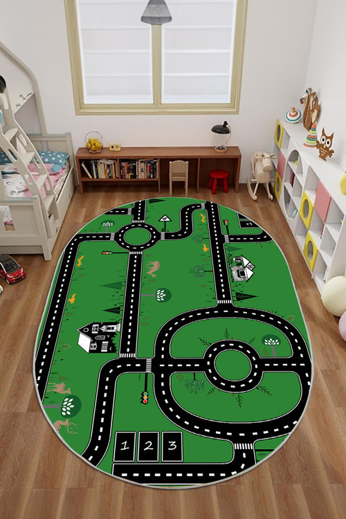 Dijital Baskılı Otomobil Yol Desenli Yıkanabilir Kaymaz Taban Oval Çocuk Odası Halısı