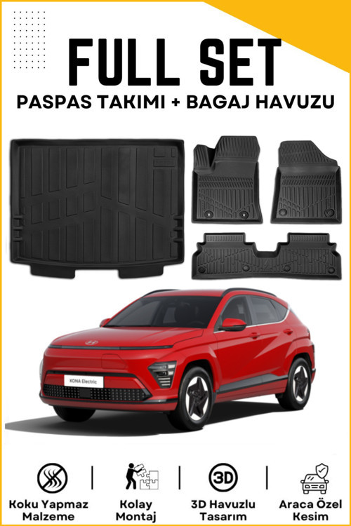 Hyundai Kona Elektrikli 2024-2025 Model Alt Birebir Uyumlu Bagaj Havuzu+Paspas Seti