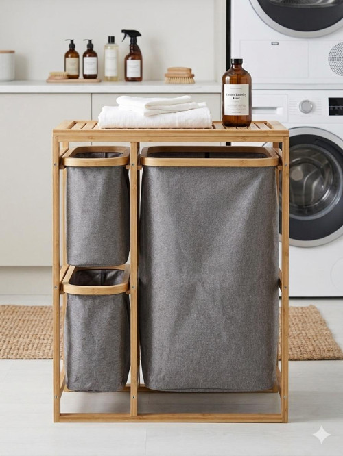 Bambu Çok Amaçlı 3 Bölmeli Kirli Sepeti ve Organizer - 70x50 cm