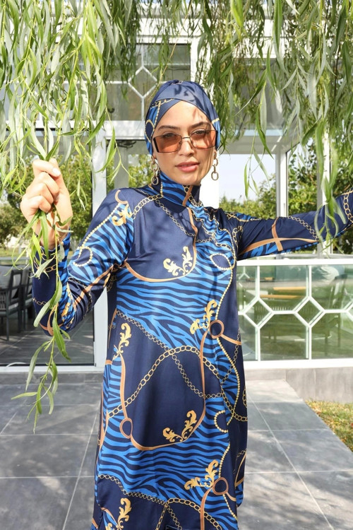 Likralı Tam Kapalı Mayo Antrasit Zincir Desenli