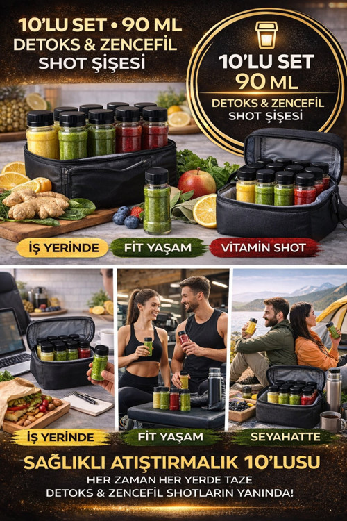 10’lu Siyah Kapak Detox Zencefil Vitamin Shot Şişesi I Kilitli Kapaklı Plastik Sağlık Şişesi 90 ml