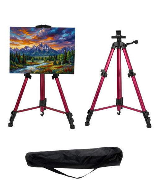 Katlanabilir Alüminyum Tripod Şövale - Kollu Yükseklik Ayarlı, Su Terazili, Pembe