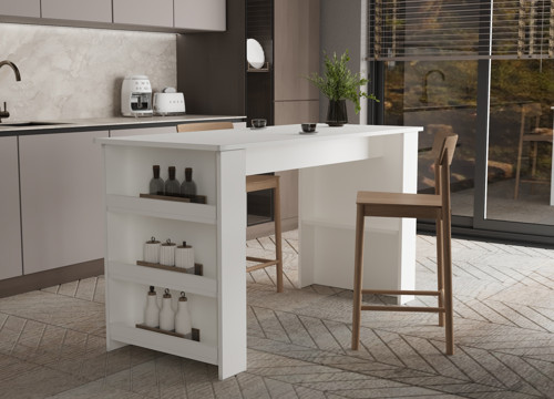 VEGAS BAR MASASI RAFLI GENİŞ MUTFAK YEMEK MASASI BEYAZ