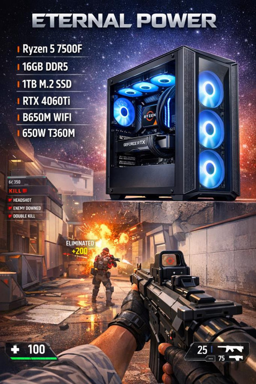 PHANTOM RUSH Ryzen 5 7500F RTX 4060 Ti 16GB DDR5 1TB M.2 B650M WIFI 650W 360mm Gaming PC