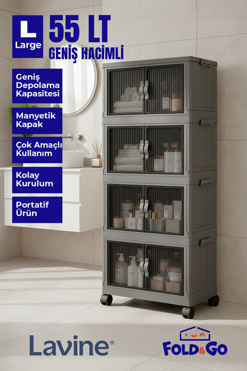 Lavine Fold&Go 4Lü Portatif Organizer Tekerlekli Dolap Çok Amaçlı Kapaklı Katlanır