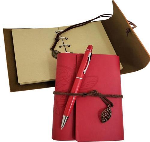 Ahşap Kutulu Kırmızı Deri Defter Metal Kalem Set