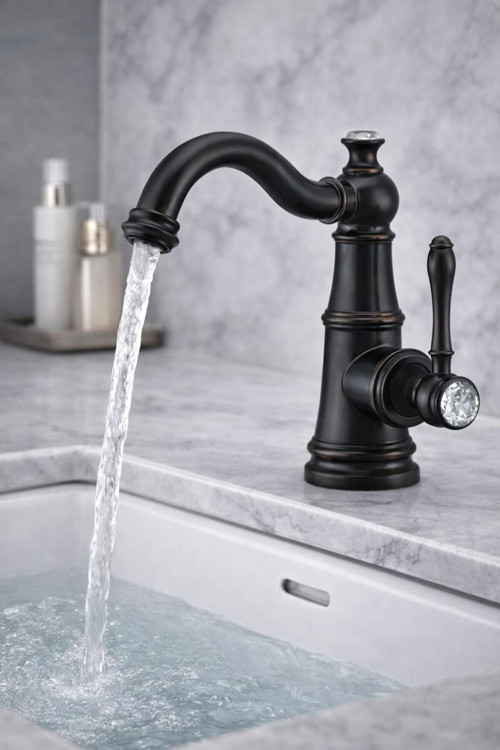 Antik Siyah Eskitme Lavabo Bataryası Tek Kollu Retro Klasik Pırlanta Taşlı Musluk