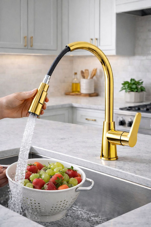 Spiralli Mutfak Eviye Bataryası İnce Modern Tasarım Gold