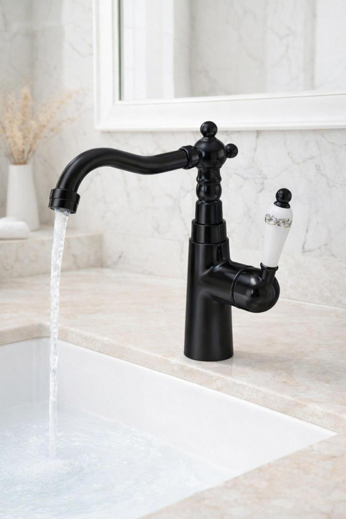 Rustik Siyah Lavabo Bataryası Seramik Kollu Klasik Tasarım