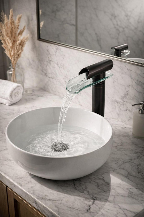 Çanak Şelale Cam Lavabo Bataryası Siyah Tezgah Üstü Yüksek Gövde Modern Tasarım Cam Çıkışlı