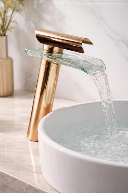 Çanak Şelale Cam Lavabo Bataryası Rose Gold Tezgah Üstü Yüksek Gövde Modern Tasarım Cam Çıkışlı