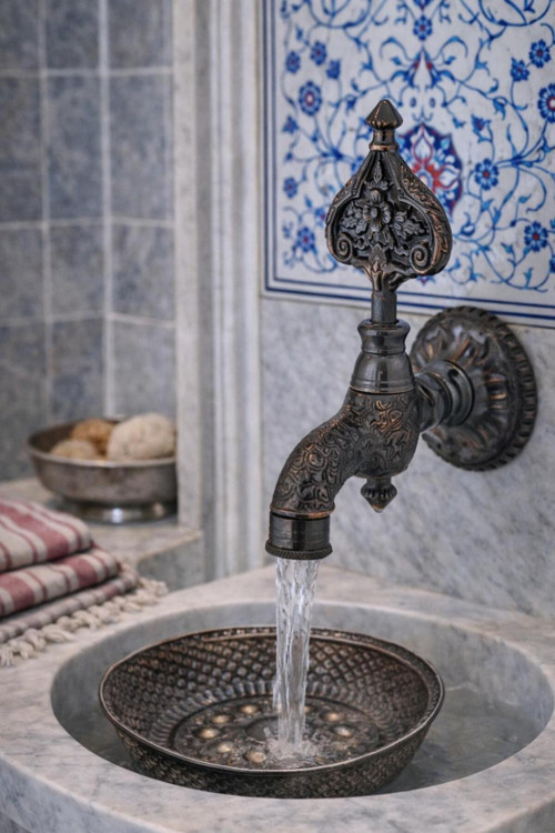 İşlemeli Perlatörlü Duvar Tipi Hamam Kurna Osmanlı Musluğu Eskitme Siyah