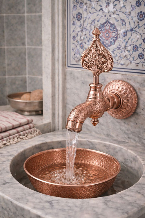 İşlemeli Perlatörlü Duvar Tipi Hamam Kurna Osmanlı Musluğu Rose Gold Bakır