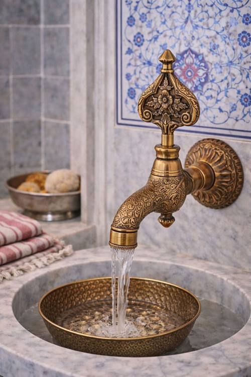 İşlemeli Perlatörlü Duvar Tipi Hamam Kurna Osmanlı Musluğu Antik