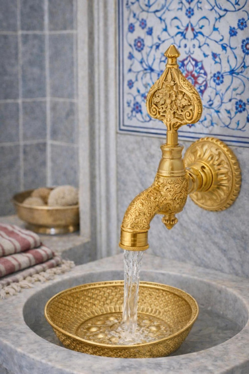 İşlemeli Perlatörlü Duvar Tipi Hamam Kurna Osmanlı Musluğu Altın Gold