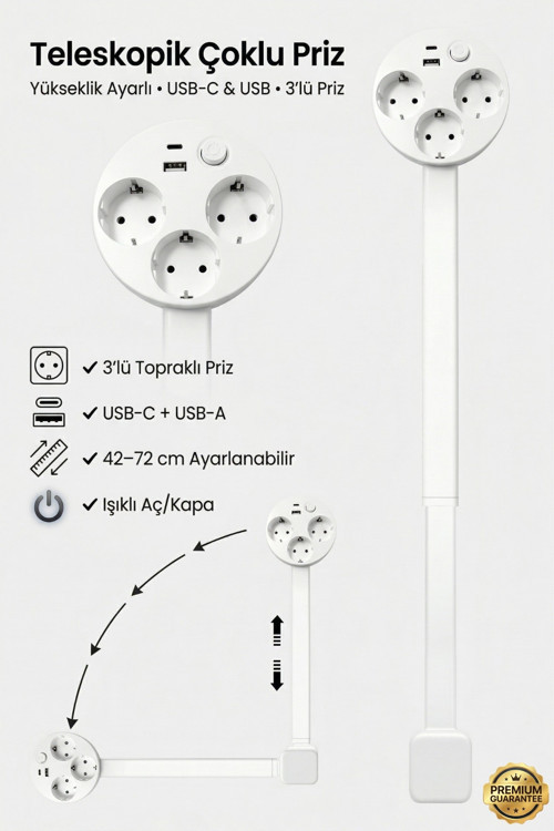 Teleskopik Masaüstü Çoklu Priz 3’lü Topraklı + USB-C & USB-A, Yükseklik Ayarlı, Işıklı Anahtarlı Uzatma Prizi
