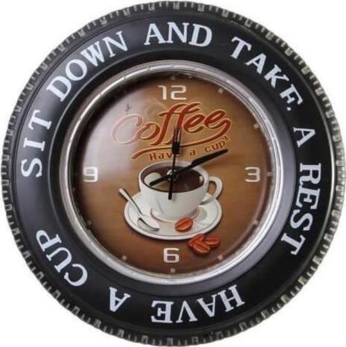 Dekoratif Araba Tekerleği Coffea TimeTemalı Saatli Led Işıklı