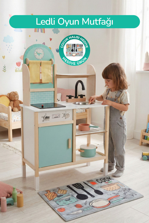 Ahşap Montessori Eğitici, Led Ocaklı Çocuk Mutfağı