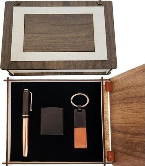 Özel Ahşap Kutulu Bakır Roller Kalem Anahtarlık Ve Çakmak Set