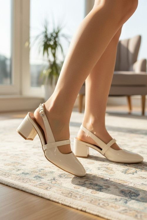 Kadın Küt Burunlu Rugan Tek Bantlı Orta Blok Topuklu Slingback Ayakkabı