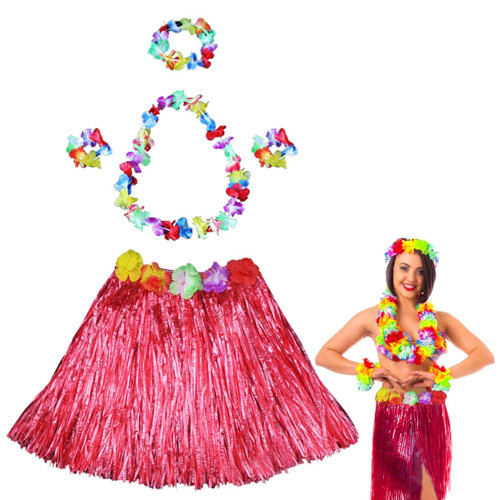 Hawaii Dans Kostümü – Kırmızı Hula Etek & Çiçek Kolye Seti