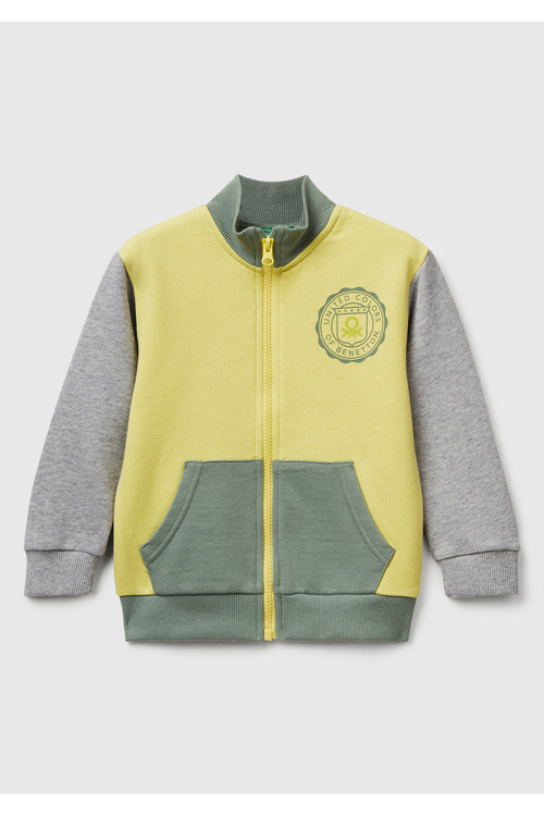 Erkek Çocuk Sarı-Gri Logo Detaylı Önü Fermuarlı Ribana Detaylı Sweatshirt