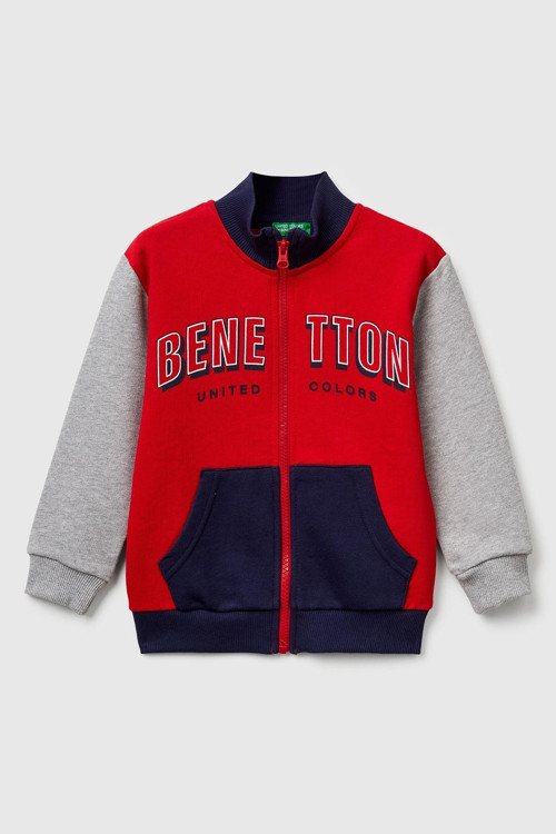Erkek Çocuk Kırmızı-Gri Logo Detaylı Önü Fermuarlı Ribana Detaylı Sweatshirt
