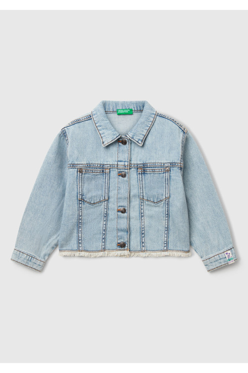Kız Çocuk Açık Denim Manşetli Denim Ceket