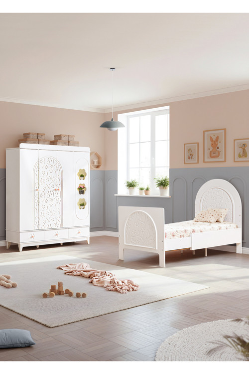 Garden Çocuk Odası Takımı, Garden 4 Kapaklı Dolap, Garden Büyüyen Beşik - Beyaz