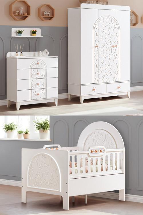 Garden Çocuk Odası Takımı, Garden 3 Kapaklı Dolap, Garden Büyüyen Beşik, Şifonyer - Beyaz