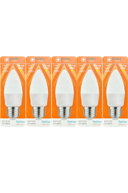 (5 Adet) Osaka 7W (50W) 3000K (Sarı) E27 Duylu (Kalın Duy) Mum Led Ampul