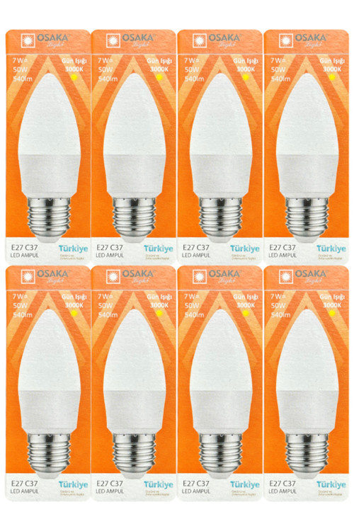 (8 Adet) Osaka 7W (50W) 3000K (Sarı) E27 Duylu (Kalın Duy) Mum Led Ampul