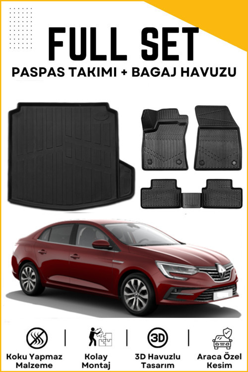 Renault Megane 4 Sedan 2022 Model Sağ Cepli Birebir Uyumlu Bagaj Havuzu+Paspas Seti