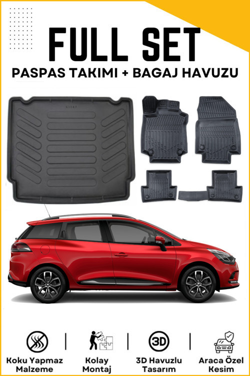 Renault Clio 4 2017-2018-2019 Model Sporttourer Alt Birebir Uyumlu Bagaj Havuzu+Paspas Seti