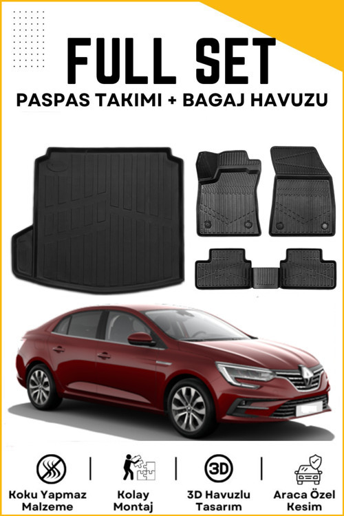 Renault Megane 4 Sedan 2022 Model Sol Cepli Birebir Uyumlu Bagaj Havuzu+Paspas Seti