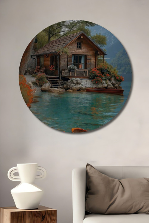 Ahşap Ev Sulu Boya Görünümlü Modern Sanat Tablo Yuvarlak Duvar Tablosu Ev,Salon,Antre,Cafe,Ofis