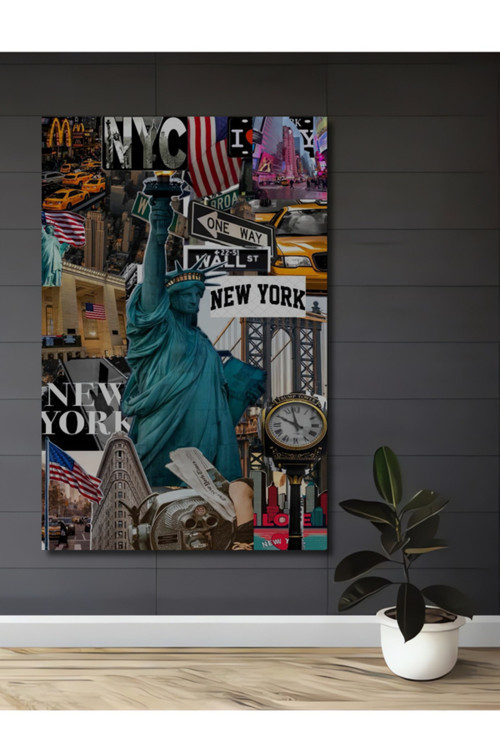 Ahşap Dekoratif Tablo New York Şehir Esintili Kolaj Ev,Salon,Antre,Cafe,Ofis