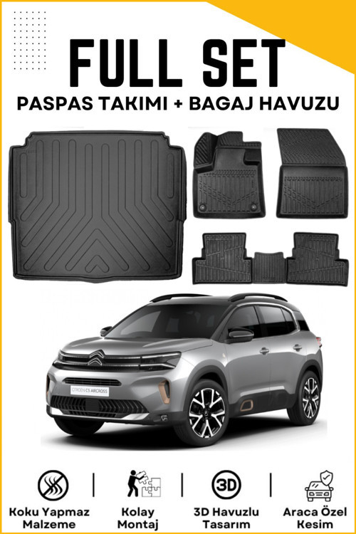 Citroen C5 Aircross 2021 Model Alt Birebir Uyumlu Bagaj Havuzu+Paspas Seti