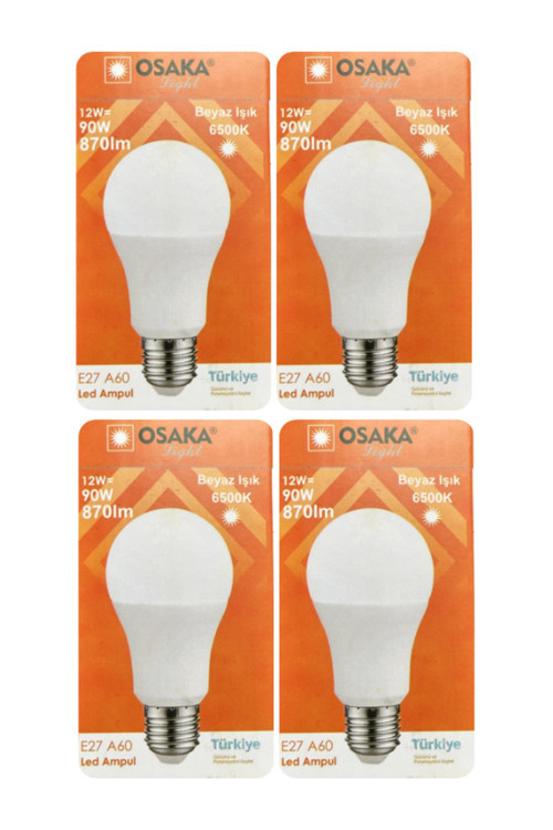 (4 Adet) Osaka 12W (90W) Beyaz Işık (6500K) E27 Duylu (Kalın Duy) Led Ampul