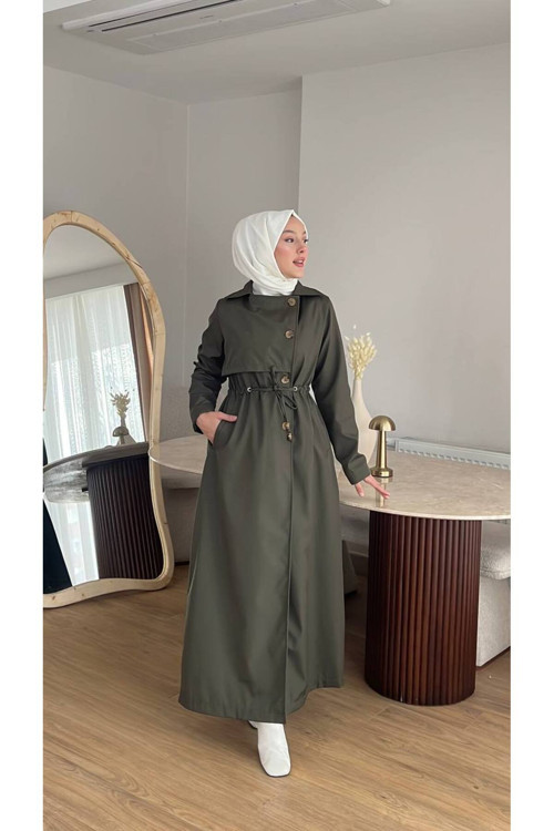 Kadın Düğmeli Trençkot | Kendi Kumaşından Kemerli Model