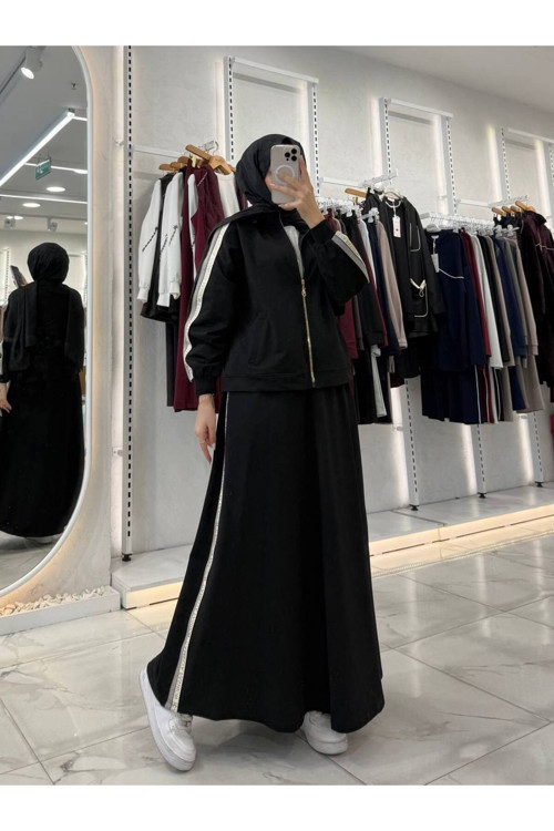 Kadın Tesettür 3’lü Takım Etek Sweat Üst Alt Fermuarlı Günlük Spor Kombin